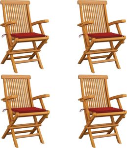 vidaXL Krzesła ogrodowe, czerwone poduszki, 4 szt., lite drewno tekowe 1