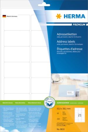 Herma Etykiety Premium 8632, A4, adresowe, białe, 63.5 x 38.1 mm, papier matowy, 210 szt (8632) 1