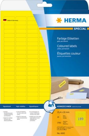Herma Etykiety samoprzylepne 4243, A4, 25.4 x 10 mm, papier matowy żółty, 3780 szt (4243) 1