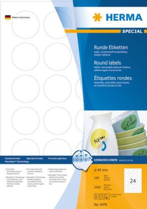 Herma Etykiety odklejalne Movables A4, okrągłe, białe, papier matowy, 2400 szt. (4476) 1