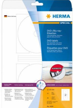 Herma HERMA DVD-/Blu-ray-Etiketten A4 weiß 116 mm Folie 50 St. - 4699 1