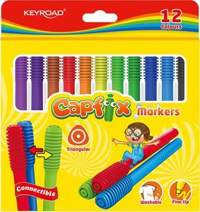 Keyroad Flamastry KEYROAD Capfix Markers, 12szt., trójkątne, zmywalne, łączone, zawieszka, mix kolorów 1