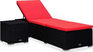 vidaXL Leżak z poduszką i stolikiem, polirattan, czerwony 1