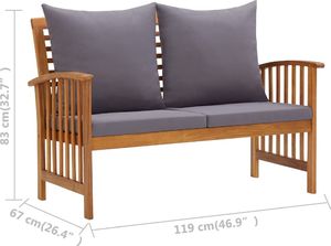 vidaXL Ławka ogrodowa z poduszkami, 119 cm, lite drewno akacjowe 7