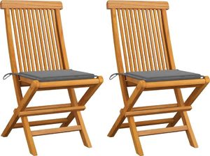 vidaXL Krzesła ogrodowe z szarymi poduszkami, 2 szt., drewno tekowe 1