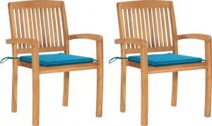 vidaXL Krzesła ogrodowe, 2 szt., niebieskie poduszki, drewno tekowe 1