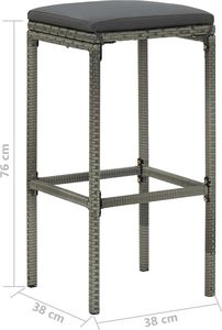 vidaXL Stołki barowe z poduszkami, 3 szt., szare, polirattan 8