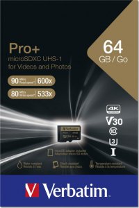 Karta Verbatim Pro+ MicroSDXC 64 GB Class 10 UHS-I/U1  (44034) 2