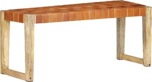 vidaXL Ławka 110cm brązowa skóra naturalna lite drewno mango VidaXL 1