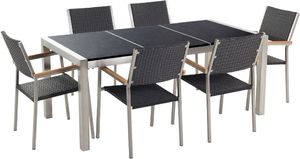 Beliani Zestaw ogrodowy stół granitowy dzielony blat czarny i 6 krzeseł rattanowych czarnych GROSSETO 1