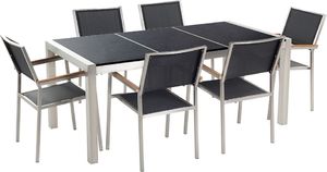 Beliani Zestaw ogrodowy stół granitowy dzielony blat czarny i 6 krzeseł czarnych GROSSETO 1