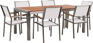 Beliani Zestaw ogrodowy stół drewniany eukaliptus i 6 krzeseł białych GROSSETO 1