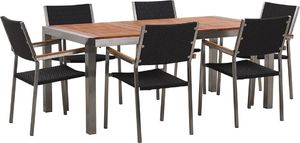 Beliani Zestaw ogrodowy stół drewniany eukaliptus i 6 krzeseł rattanowych czarnych GROSSETO 1