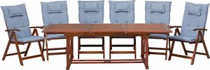 Beliani Zestaw ogrodowy drewniany stół i 6 krzeseł z niebieskimi poduszkami TOSCANA 1