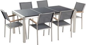 Beliani Zestaw ogrodowy stół granitowy dzielony blat czarny i 6 krzeseł szarych GROSSETO 1
