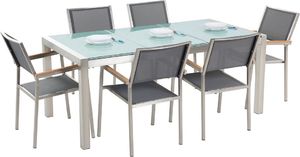 Beliani Zestaw ogrodowy stół szkło tłuczone dzielony blat i 6 krzeseł szarych GROSSETO 1
