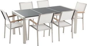 Beliani Zestaw ogrodowy stół granitowy dzielony blat czarny i 6 krzeseł białych GROSSETO 1