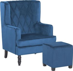 Beliani Welurowy fotel z podnóżkiem niebieski SANDSET 1
