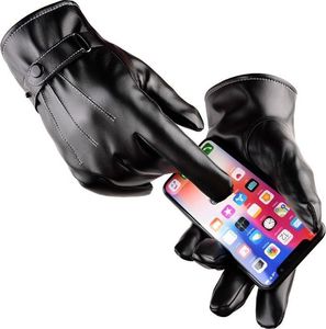 Hurtel Męskie zimowe rękawiczki ze skóry ekologicznej do ekranów dotykowych do telefonu dotykowego smartfona czarny 1
