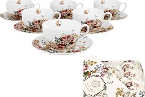 DUO Komplet Filiżanek Porcelanowych 300 ml ze Spodkami 6 szt. Białe Kwiaty na Prezent 1