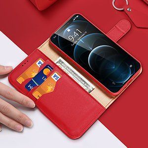 Dux Ducis Dux Ducis Hivo skórzane etui z klapką pokrowiec ze skóry naturalnej portfel na karty i dokumenty iPhone 12 Pro / iPhone 12 czerwony 13