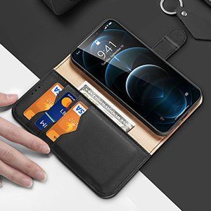 Dux Ducis Dux Ducis Hivo skórzane etui z klapką pokrowiec ze skóry naturalnej portfel na karty i dokumenty iPhone 12 Pro / iPhone 12 czarny 12