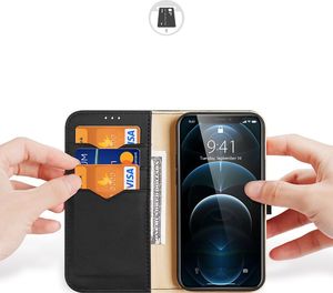 Dux Ducis Dux Ducis Hivo skórzane etui z klapką pokrowiec ze skóry naturalnej portfel na karty i dokumenty iPhone 12 Pro / iPhone 12 czarny 2