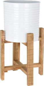 Home Styling Collection Kwietnik osłonka DONICZKA metalowa biała na drewnianym stojaku 50 cm na rośliny kwiaty 6