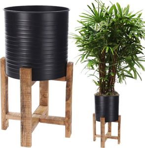 Home Styling Collection Kwietnik osłonka DONICZKA metalowa czarna na drewnianym stojaku 50 cm na rośliny kwiaty 1