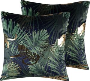 Beliani Zestaw 2 poduszek dekoracyjnych welurowy w palmy 45 x 45 cm zielony BELLEROSE 1