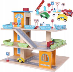 Ecotoys Drewniany garaż tor z windą + autka (342) 1