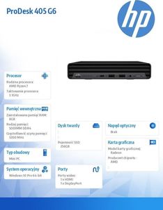 Komputer HP ProDesk 405 G6 AMD Ryzen 7 PRO 4750GE 8 GB 256 GB SSD Windows 10 Pro 4