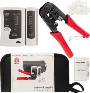 NEKU Zestaw narzędzi sieciowych, tester LAN, zaciskarka RJ45, wtyki + etui 1