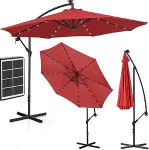 Uniprodo Parasol ogrodowy na wysięgniku okrągły z oświetleniem LED śr. 300 cm czerwony Parasol ogrodowy na wysięgniku okrągły z oświetleniem LED śr. 300 cm czerwony 1