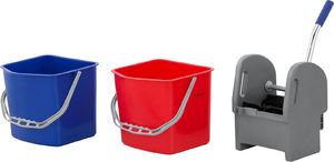 Ulsonix Wózek do sprzątania z uchwytem i prasą do mopa płaskiego dwa wiadra 2 x 20L Wózek do sprzątania z uchwytem i prasą do mopa płaskiego dwa wiadra 2 x 20L 4