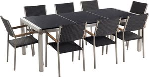 Beliani Zestaw ogrodowy stół granitowy dzielony blat czarny i 8 krzeseł rattanowych czarnych GROSSETO 1