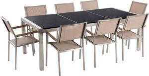 Beliani Zestaw ogrodowy stół granitowy dzielony blat czarny i 8 krzeseł beżowych GROSSETO (34050) 1