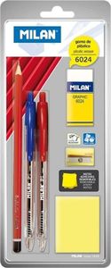 Milan Zestaw Milan: 2 długopisy P1, ołówek sześciokątny HB, gumka 6024, temperówka, bloczek karteczek 1