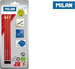 Milan Zestaw Milan 3 ołówki sześciokątne HB, gumka 430, temperówka Afila na blistrze 1