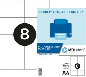 MD Labels Etykiety naklejki samoprzylepne 105x74,5mm na arkuszu A4 100 ark 1