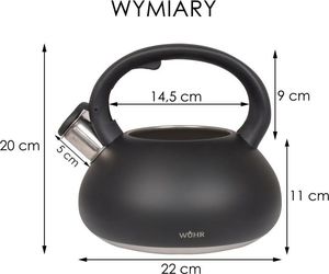 WUHR Czajnik na gaz czarny mat z gwizdkiem 3l stalowy - WUHR 3