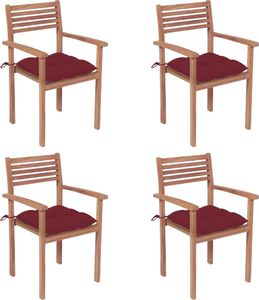 vidaXL Krzesła ogrodowe, 4 szt., czerwone poduszki, drewno tekowe 1