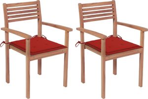 vidaXL Krzesła ogrodowe, 2 szt., czerwone poduszki, lite drewno tekowe 1