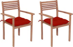 vidaXL Krzesła ogrodowe, 2 szt., czerwone poduszki, lite drewno tekowe 1