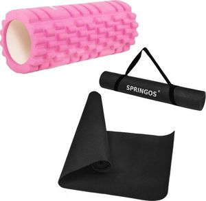Springos Zestaw roller do masażu 33 cm różowy + mata do ćwiczeń 173 cm czarna 1