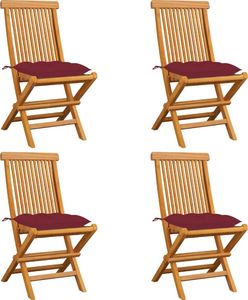 vidaXL Krzesła ogrodowe, czerwone poduszki, 4 szt., drewno tekowe 1