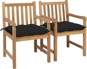 vidaXL Krzesła ogrodowe z czarnymi poduszkami, 2 szt., drewno tekowe 1