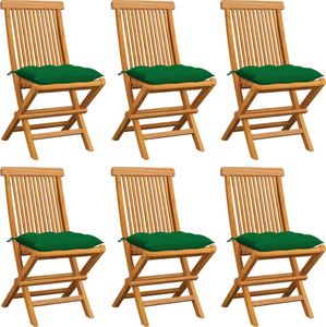 vidaXL Krzesła ogrodowe, zielone poduszki, 6 szt., lite drewno tekowe 1