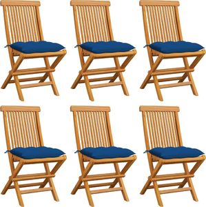 vidaXL Krzesła ogrodowe, niebieskie poduszki, 6 szt., drewno tekowe 1