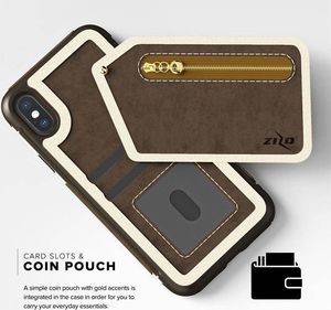 Zizo Zizo Nebula Wallet Case - Skórzane etui iPhone X z kieszeniami na karty + saszetka na zamek + szkło 9H na ekran (Dark Brown/Brown) 7